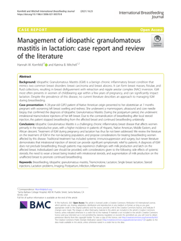 Management of Idiopathic Granulomatous Mastitis in Lactation: Case Report and Review of the Literature Hannah W