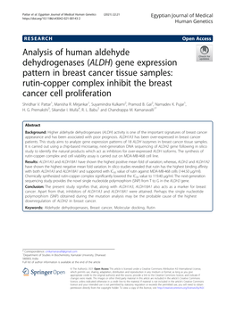 (ALDH) Gene Expression Pattern in Breast Cancer Tissue Samples: Rutin-Copper Complex Inhibit the Breast Cancer Cell Proliferation Shridhar V