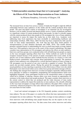 Analysing the Effects of UK Trans Media Representation on Trans Audiences by Rhianna Humphrey, University of Glasgow, UK