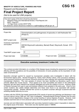 Characterisation and Pathogenesis of Epizootics in Wild Freshwater Fish (Phase II)