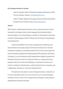 Early Language Education in Australia Susana A. Eisenchlas, School of Humanities, Languages and Linguistics, Griffith University