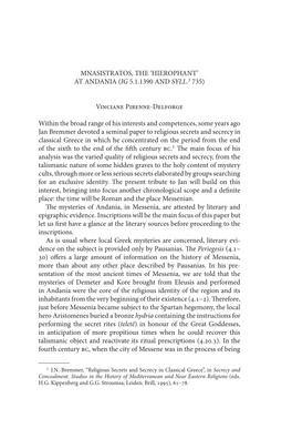 MNASISTRATOS, the 'HIEROPHANT' at ANDANIA (IG 5.1.1390 and SYLL.3 735) Vinciane Pirenne-Delforge Within the Broad Range of H