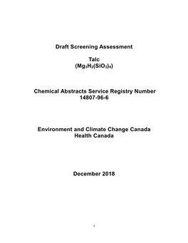 Draft Screening Assessment Talc (Mg3h2(Sio3)4)