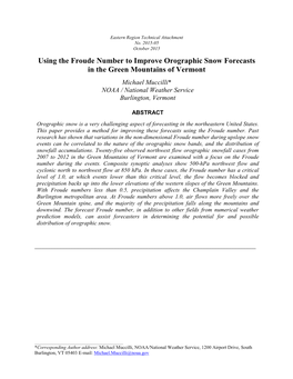 Using the Froude Number to Improve Orographic Snow Forecasts in the Green Mountains of Vermont Michael Muccilli* NOAA / National Weather Service Burlington, Vermont