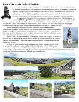 Stirling Castle Scotland's Wars of Independence Against the British, 1296‐1356, Centered on a Volcanic Rock Between the Highlands and Lowlands of Scotland