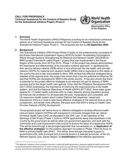 CALL for PROPOSALS Technical Assistance for the Conduct of Baseline Study for the Subnational Initiative Project, Phase 2