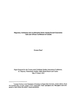 Migration, Settlement and Acculturation Issues Among Second Generation Indo and African Caribbeans in Canada