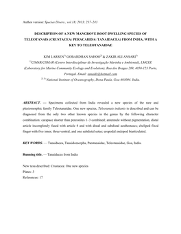 Species Divers., Vol.18; 2013; 237–243 DESCRIPTION of a NEW MANGROVE ROOT DWELLING SPECIES of TELEOTANAIS