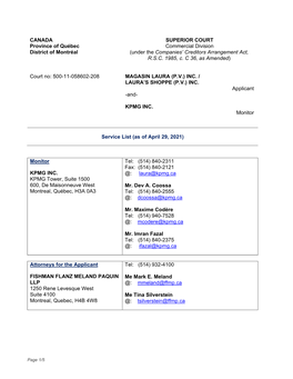 CANADA Province of Québec District of Montréal SUPERIOR COURT Commercial Division (Under the Companies' Creditors Arrangeme