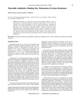 Macrolide Antibiotics: Binding Site, Mechanism of Action, Resistance