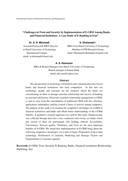 "Challenges in Trust and Security by Implementation of E-CRM Among Banks and Financial Institution: a Case Study of E-Banking in Iran”
