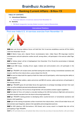 Banking Current Affairs - 8-Nov-19 TABLE of CONTENTS A