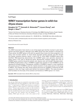 WRKY Transcription Factor Genes in Wild Rice Oryza Nivara Hengjian Xu1,2,#, Kenneth A