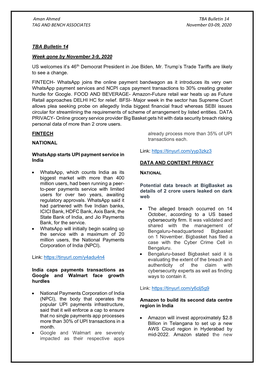 Aman Ahmed TBA Bulletin 14 TAG and BENCH ASSOCIATES November 03-09, 2020 TBA Bulletin 14 Week Gone by November 3-9, 2020