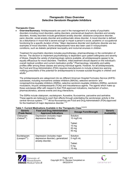 Therapeutic Class Overview Selective Serotonin Reuptake Inhibitors