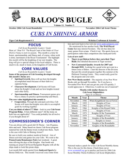 BALOO's BUGLE Volume 13, Number 3 October 2006 Cub Scout Roundtable November 2006 Cub Scout Theme CUBS in SHINING ARMOR