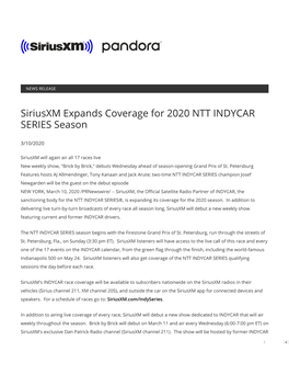 Siriusxm Expands Coverage for 2020 NTT INDYCAR SERIES Season