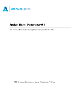 Speier, Hans; Papers Ger084