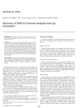 Recovery of DNA for Forensic Analysis from Lip Cosmetics*