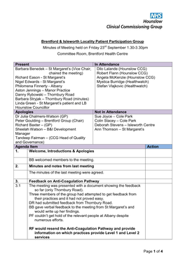 Brentford & Isleworth Locality Patient Participation Group Minutes Of