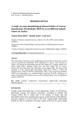 A Study on Some Morphological Characteristics of Astacus Leptodactylus (Eschscholtz 1823) in Seven Different Inland Waters in Turkey