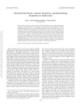 Stressful Life Events, Anxiety Sensitivity, and Internalizing Symptoms in Adolescents