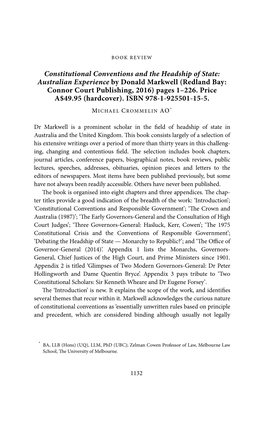 Constitutional Conventions and the Headship of State: Australian Experience by Donald Markwell (Redland Bay: Connor Court Publishing, 2016) Pages 1–226