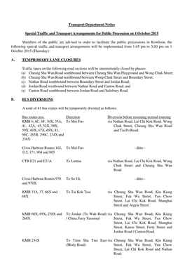 Transport Department Notice Special Traffic and Transport Arrangements