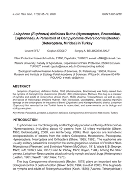 A Parasitoid of Campylomma Diversicornis (Reuter) (Heteroptera, Miridae) in Turkey