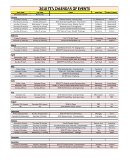 2018 Tta Calendar of Events