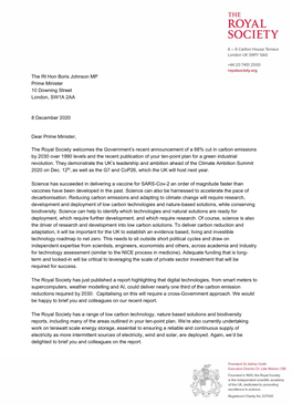 Letter from the President of the Royal Society to the Rt Hon Boris Johnson