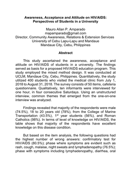 Awareness, Acceptance and Attitude on HIV/AIDS: Perspectives of Students in a University