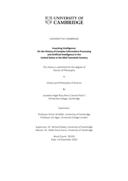 Inventing Intelligence: on the History of Complex Information Processing and Artificial Intelligence in the United States in the Mid-Twentieth Century