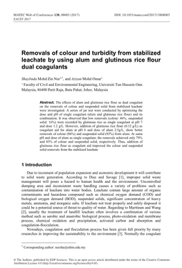 Removals of Colour and Turbidity from Stabilized Leachate by Using Alum and Glutinous Rice Flour Dual Coagulants