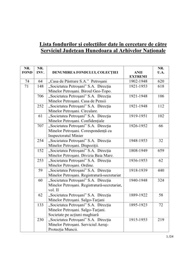 Lista Fondurilor Şi Colecţiilor Date În Cercetare De Către Serviciul