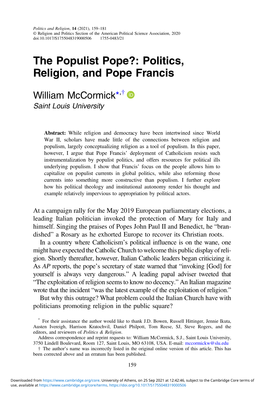 The Populist Pope?: Politics, Religion, and Pope Francis