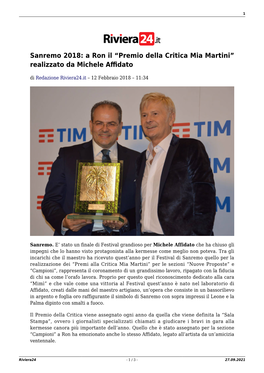 “Premio Della Critica Mia Martini” Realizzato Da Michele Aﬃdato