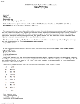 MATH 480-01 (43128): Topics in History of Mathematics JB-387, Tuth 6-7:50PM SYLLABUS Spring 2013