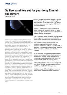 Galileo Satellites Set for Year-Long Einstein Experiment 9 November 2015