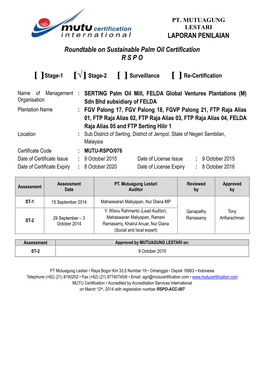 LAPORAN PENILAIAN Roundtable on Sustainable Palm Oil Certification