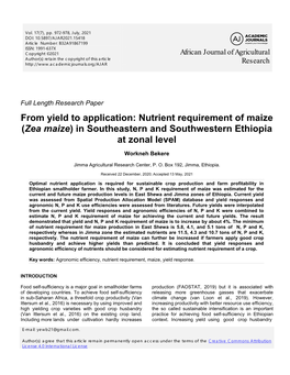 Nutrient Requirement of Maize (Zea Maize) in Southeastern and Southwestern Ethiopia at Zonal Level