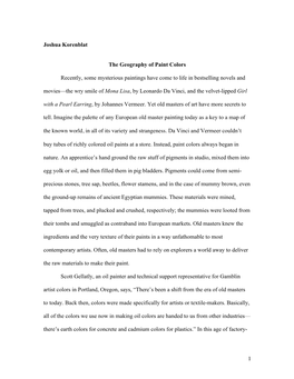 1 Joshua Korenblat the Geography of Paint Colors Recently, Some Mysterious Paintings Have Come to Life in Bestselling Novels