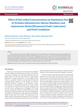 Effect of Sub Lethal Concentrations on Population Size of Termites Odontotermes Obesus (Rambur) and Coptotermes Heimi (Wasmann) Under Laboratory and Field Conditions