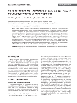 Aquaperonospora Taiwanensis Gen. Et Sp. Nov. in Peronophythoraceae of Peronosporales