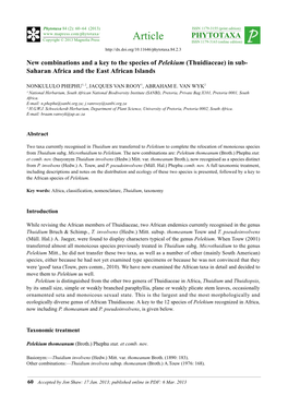 New Combinations and a Key to the Species of Pelekium (Thuidiaceae) in Sub- Saharan Africa and the East African Islands