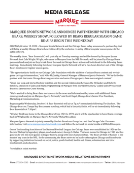 Marquee Sports Network Announces Partnership with Chicago Bears; Weekly Show, Followed by Bears Regular Season Game Re-Airs Begin This Wednesday