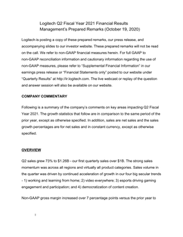 Logitech Q2 Fiscal Year 2021 Financial Results Management's Prepared Remarks (October 19, 2020)