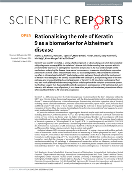 Rationalising the Role of Keratin 9 As a Biomarker for Alzheimer's Disease