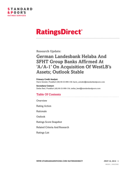 German Landesbank Helaba and SFHT Group Banks Affirmed at 'A/A-1' on Acquisition of Westlb's Assets; Outlook Stable