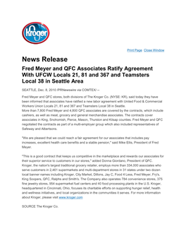 News Release Fred Meyer and QFC Associates Ratify Agreement with UFCW Locals 21, 81 and 367 and Teamsters Local 38 in Seattle Area